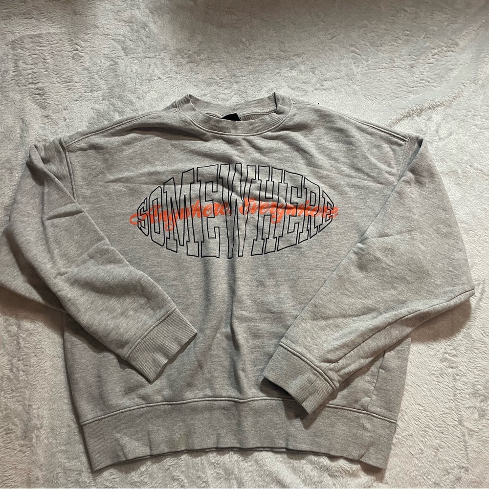 Divided Light Gray Crewneck Sweater with Graphic Design